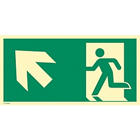 moedel bord "nooduitgang links schuin omhoog", EN ISO 7010, lichtklasse C, 160 mcd/m², tot 14,8 m, zelfklevend, L 148 x B 297 mm, folie, groen