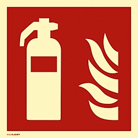 moedel Brandschutzzeichen „Feuerlöscher“, nach ISO 7010 F001, Folie selbstklebend, langnachleuchtend, B 148 x H 148 mm