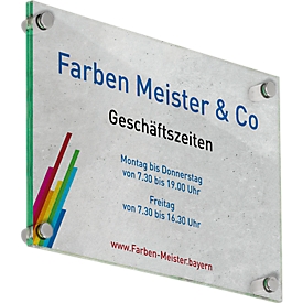 moedel deurbord GALERIE, DIN A4, roestvrij staal en gehard veiligheidsglas, 4 afstandhouders, schroefbevestiging, B 210 x H 297 mm, transparant