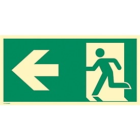 moedel escape route sign "Emergency exit left arrow left", according to ISO 7010 E001, self-adhesive film, photoluminescent, W 297 x H 148 mm