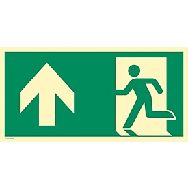 moedel escape route sign "Emergency exit left arrow up", according to ISO 7010 E001, self-adhesive film, photoluminescent, W 297 x H 148 mm