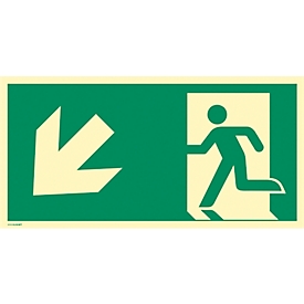 moedel escape route sign "Emergency exit left downwards", according to ISO 7010 E001, self-adhesive film, photoluminescent, W 297 x H 148 mm