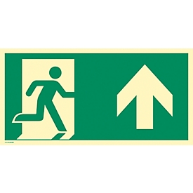moedel escape route sign "Emergency exit right arrow up", according to ISO 7010 E002, self-adhesive film, photoluminescent, W 297 x H 148 mm