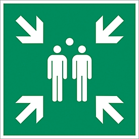 moedel escape sign "Assembly point", according to ISO 7010 E007, aluminum, photoluminescent, W 200 x H 200 mm