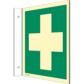 moedel Fahnenschild „Erste Hilfe“, EN ISO 7010, Leuchtklasse C, 160 mcd/m², bis 14,8 m, L 148 x B 148 mm, Kunststoff, grün