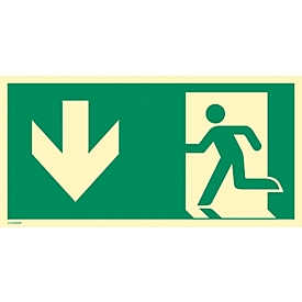 moedel Fluchtwegschild „Notausgang links Pfeil unten“, nach DIN EN ISO 7010 E001, Aluminium 0,6 mm, langnachleuchtend, B 297 x H 148 mm
