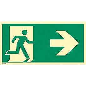 moedel Fluchtwegzeichen „Notausgang rechts Pfeil rechts“, nach ISO 7010 E002, Folie selbstklebend, langnachleuchtend, B 297 x H 148 mm