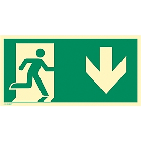 moedel Fluchtwegzeichen "Notausgang rechts Pfeil unten", nach ISO 7010 E002, Folie selbstklebend, langnachleuchtend, B 297 x H 148 mm