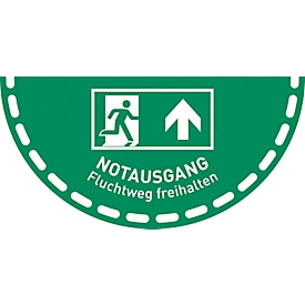 moedel Fußbodenaufkleber „Notausgang – Fluchtweg freihalten“, nach ISO 7010 E002, PVC-Folie, rutschhemmend, Halbkreis B 900 x H 450 mm