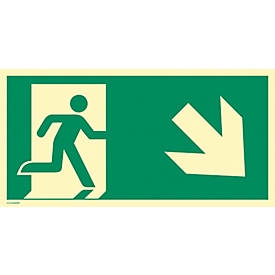 moedel Hinweisschild „Notausgang rechts Pfeil abwärts“, EN ISO 7010, Leuchtklasse C, 160 mcd/m², bis 14,8 m, selbstklebend, L 148 x B 297 mm, Kunststoff, grün