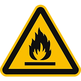 moedel Hinweisschild „Warnung vor feuergefährlichen Stoffen“, EN ISO 7010, bis 3 m, selbstleuchtend, selbstklebend, B 100 mm, Folie, gelb-schwarz