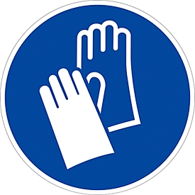 moedel instruction sign "Use hand protection", according to ISO 7010 M009, self-adhesive film, Ø 100 mm
