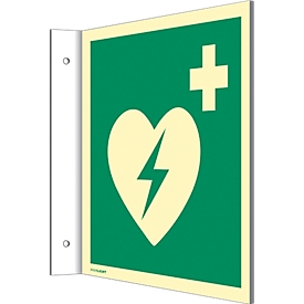 moedel Panneau drapeau "Défibrillateur automatique externe AED", EN ISO 7010, classe d'éclairage C, 160 mcd/m², jusqu'à 14,8 m, L 148 x l 148 mm, plastique