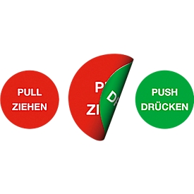 moedel Pictogramme autocollant "Pull ziehen/Push Drücken", imprimé des deux côtés, autocollant, Ø 50 mm, film, rouge-vert
