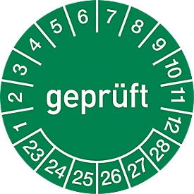 Moedel plaquette de contrôle "Geprüft", 2023-28, ø 30 mm, film autocollant, 10 x 10 pièces/feuille, vert