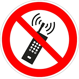 moedel prohibition sign "Mobile phones must not be switched on", according to ISO 7010 P013, self-adhesive film, Ø 200 mm
