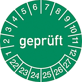 Moedel Prüfplakette "Geprüft", 2022–27, ø 15 mm, selbstklebende Folie, 10 x 10 Stück/Bogen, grün