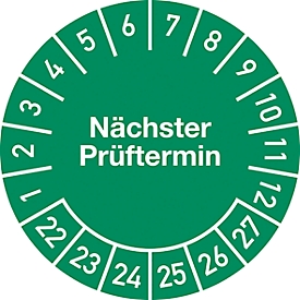 Moedel Prüfplakette "Nächster Prüftermin", 2022–27, ø 30 mm, selbstklebende Folie, 500 Stück/Rolle, grün
