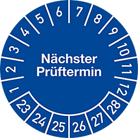 Moedel Prüfplakette "Nächster Prüftermin", 2023–28, ø 30 mm, selbstklebende Folie, 500 Stück/Rolle, blau