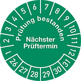 moedel Prüfplakette "Prüfung bestanden", Folie, Ø 30 mm, 10 Stück/Bogen, langlebig, gut sichtbar