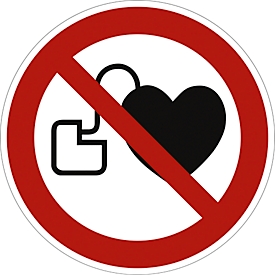 moedel verbodsbord "Verboden toegang voor personen met pacemakers", volgens DIN EN ISO 7010 P007, zelfklevende folie, Ø 100 mm