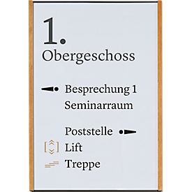 moedel Wandschild LMH, DIN A3, Hochformat, Holz- und Aluminiumrahmen, Klebe- oder Schraubmontage, B 308,5 x H 422,5 mm, schwarz/Eiche