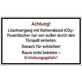 moedel Warnschild „Löschvorgang mit CO2-Feuerlöscher durch Türspalt“, gemäss DGUV 205-034, L 150 x B 250 mm, Folie, weiss-rot-schwarz