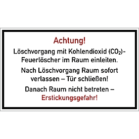 moedel Warnschild „Löschvorgang mit CO2-Feuerlöscher im Raum“, gemäß DGUV 205-034, L 150 x B 250 mm, Folie, weiß-rot-schwarz