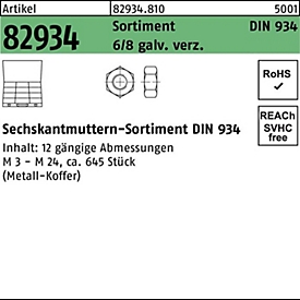 Moerenassortiment DIN 934, 45-delig, verzinkt, zeskantmoeren, REYHER artikel 82934