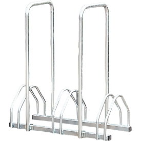 Mottez B135AR, 2-sided, for tires with B 35-55 mm, with anti-theft device, 2 brackets, for up to 3 bikes, W 720 x D 330 x H 830 mm, steel tube, silver