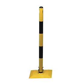 Mottez Klapp-Absperrpfosten gelb-schwarz, 900 mm Höhe, Ø 50 mm, Fussplatte 300x300 mm, Metall, Kettenführung integriert