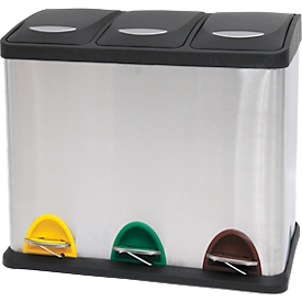 MSV poubelle en inox, 3 récipients de 20L chacun, mécanisme à pédale, poignée, pour l'intérieur et l'extérieur, inox