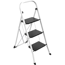 MSV Spirella Escabeau, pliable, 3 marches, acier, L 460 x l 710 x H 1050 mm, jusqu'à 150 kg, blanc