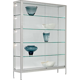Mueble de presentación de pie, 2 puertas correderas, marco de aluminio, cristal de seguridad templado, ancho 1500 x fondo 400 x alto 1950 mm, plateado
