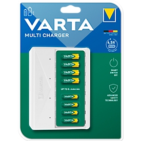 Multi-Akkuladegerät für Batterien Varta, 2/4/6/8x AA/AAA, Ladezeit 4,5 h, USB Type C (inkl. Kabel), 100-240 V, B 180 x T 43 x H 240 mm, weiß