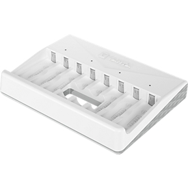 Multi-Akkuladegerät für Batterien Varta, 2/4/6/8x AA/AAA, Ladezeit 4,5 h, USB Type C (inkl. Kabel), 100-240 V, B 180 x T 43 x H 240 mm, weiss