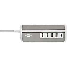 Multiladegerät brennenstuhl®estilo, für bis zu 5 Geräte, Schnellladefunktion, 1,5 m Textil-Kabel, 1x USB-C, 4x USB-Ladebuchse, Edelstahloberfläche, weiß