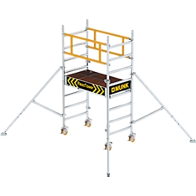 Munk FlexxTower rolling scaffold, aluminum round tube, tool-free assembly, folding triangular outriggers, GS-tested, load class 3, H 1.10 m