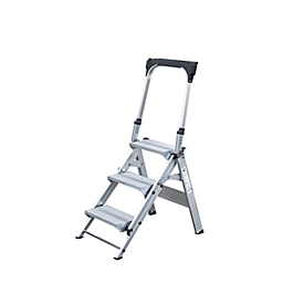Munk opklapbare treden, aluminium, stabiele dubbele rail, antislip kunststof schoenen, opklapbare leuningen met opbergbakje, max. 150 kg, loopvlak 360 x 205 mm, 3 treden