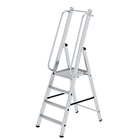 Munk platform ladder, 4 steps, aluminum, sturdy rectangular tube uprights, large platform, pre-assembled handrails, non-slip ladder shoes, 150 kg