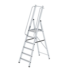 Munk platformladder, 6 treden, aluminium, stevige rechthoekige buisbomen, groot platform, voorgemonteerde leuningen, antislip ladderschoenen, 150 kg