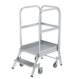 Munk Podesttreppe, 2 Stufen, einseitig begehbar, Rechteckrohr-Holme, Plattform B 600 x T 800 mm, Handlauf, 3-seitiges Geländer, max. 150 kg