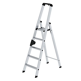Munk Stufen-Stehleiter, Aluminium, einseitig begehbar, geriffelte Stufen, bis 150 kg, nivello® Leiterschuhe, 5 Stufen