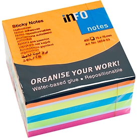 Notes auto-adhésives Brillant, cube avec 450 feuilles, l. 75 x H 75 mm, 6 coloris