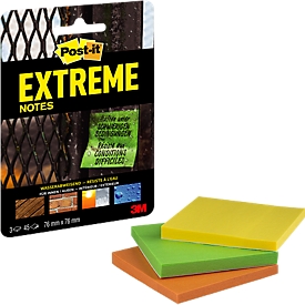 Notes auto-adhésives Extreme Notes Post-it®, 76 x 76 mm, 3 x 45 feuilles, résistantes à l'eau, différents coloris