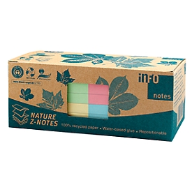 Notes autocollantes, L 75 x H 75 mm, pliage en Z, papier recyclé, couleurs assorties, 100 feuilles, 12 blocs