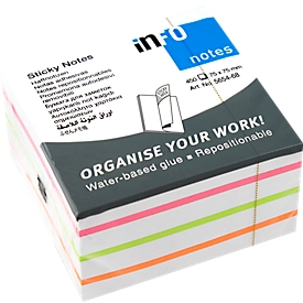 Notes repositionnables adhésives, L 75 x l. 75 mm, 450 feuilles, mélange de couleurs, autocollant