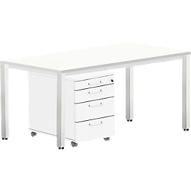 Offre complète BEXXSTAR :  bureau l. 1600 x P 800 mm - piètement carré + caisson à roulettes - blanc