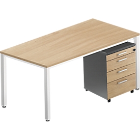 Offre complète BEXXSTAR : bureau l. 1600 x P 800 mm - piètement carré + caisson à roulettes - décor chêne et gris foncé