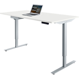 Offre complète : Bureau START OFF - réglable électrique de la hauteur- l. 1600 x P 800 x H 705-1205 mm - piètement en T aluminium blanc - décor chêne + tiroir à accessoires - notre marque Schäfer Shop Select